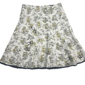 VTG Floral A-Line Skirt Yellow & Black Pattern Lace trim Size L Linen‎ Blend
